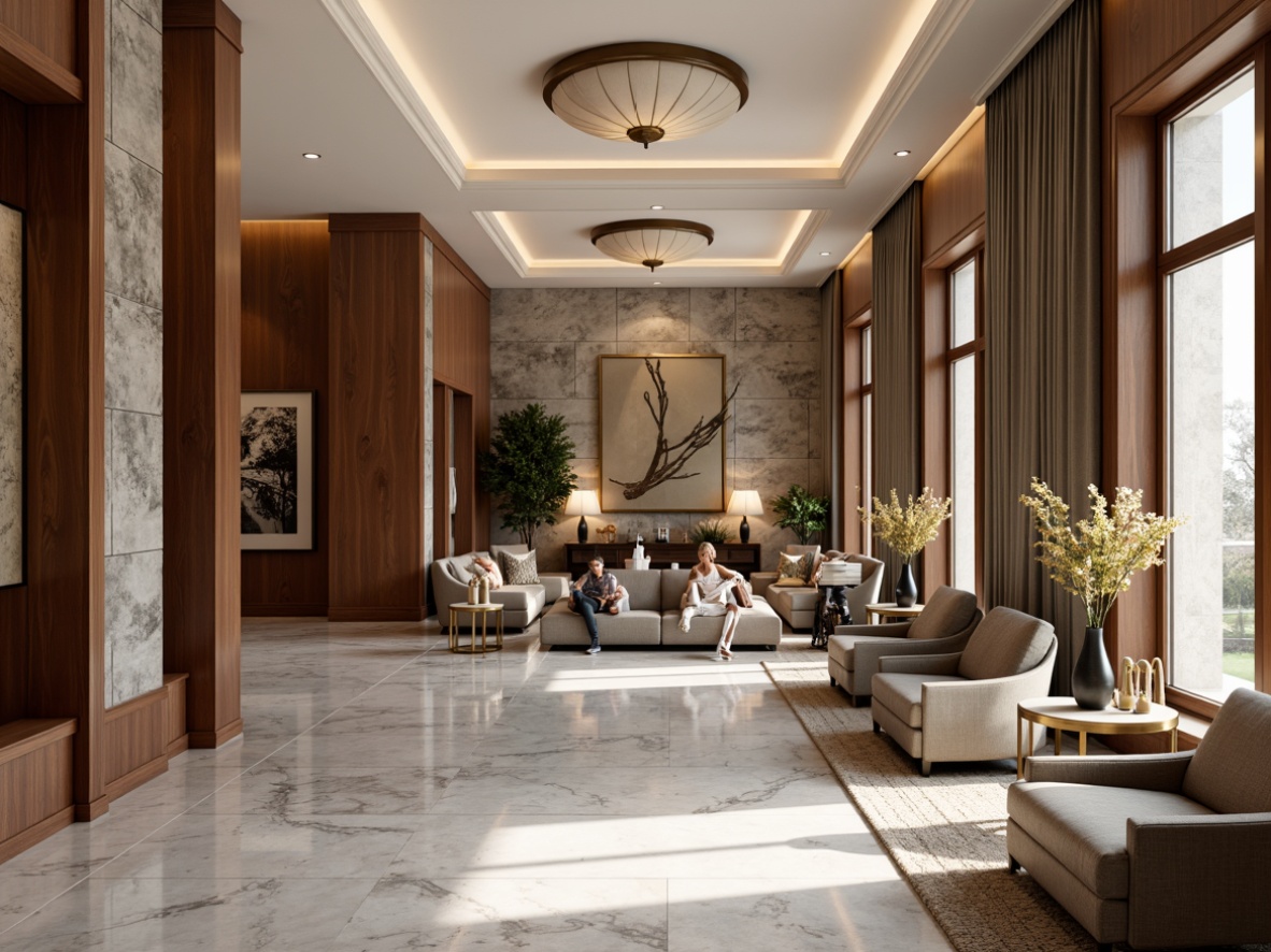 Prompt: Luxurious modern interior, rich wood accents, textured stone walls, polished marble floors, velvety soft upholstery, metallic bronze details, ornate gold fixtures, creamy white plaster ceilings, warm ambient lighting, shallow depth of field, 1/1 composition, realistic materials, subtle reflections, intricate patterns.