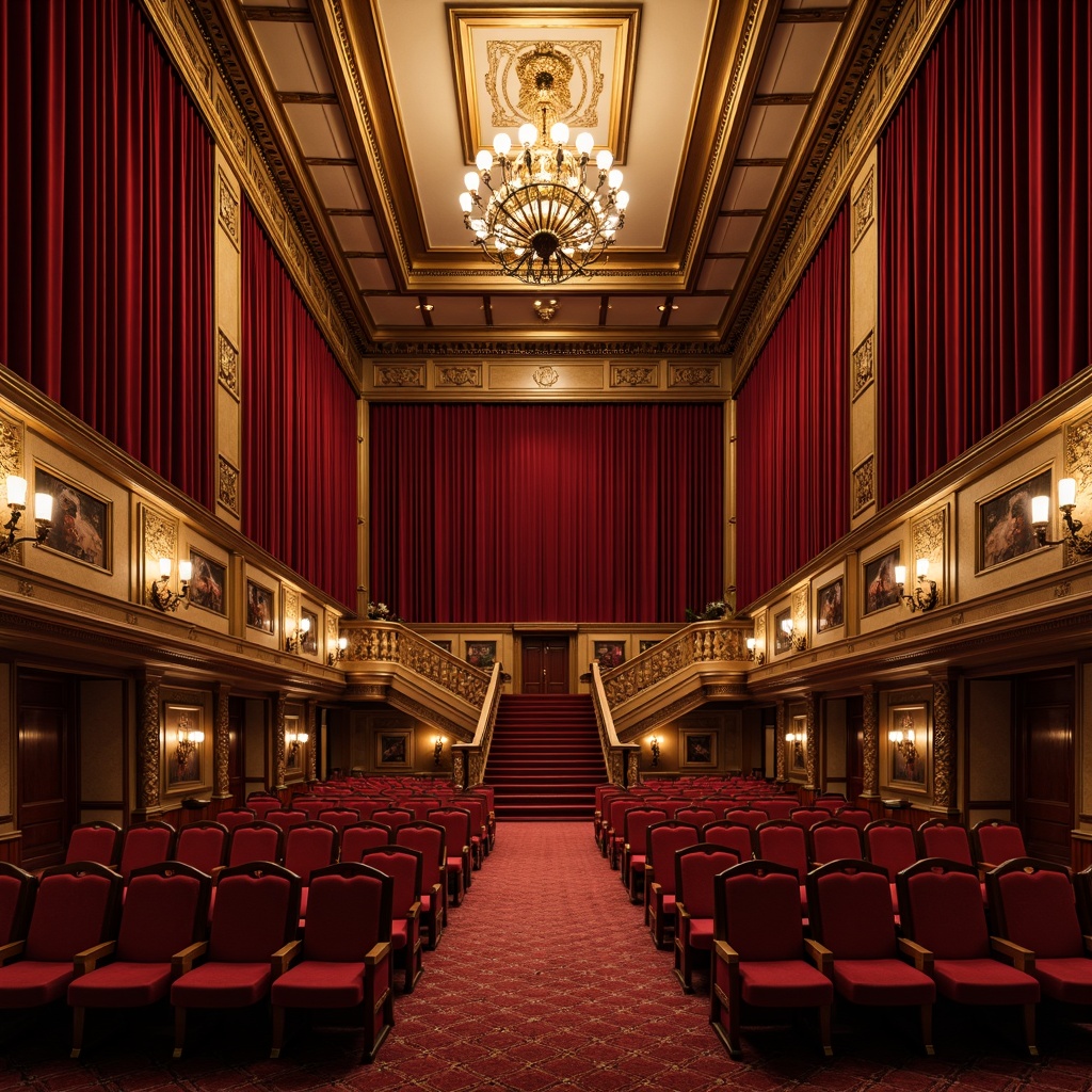 Prompt: Elegant auditorium interior, traditional ornate details, rich velvet curtains, golden chandeliers, wooden paneling walls, crimson red seats, intricate carvings, grandiose staircase, luxurious fabrics, ornamental moldings, regal atmosphere, warm soft lighting, shallow depth of field, 2/3 composition, symmetrical view, realistic textures, ambient occlusion.