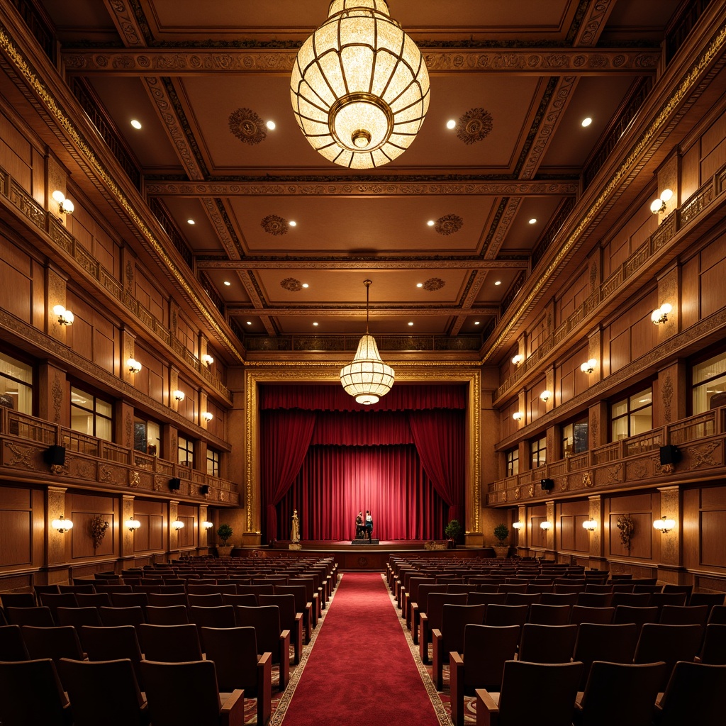 Prompt: Grand auditorium, ornate chandeliers, rich wood tones, velvet curtains, golden accents, intricate carvings, majestic stage, red carpet, luxurious seating, traditional architecture, high ceilings, decorative moldings, warm lighting, soft focus, shallow depth of field, 2/3 composition, dramatic spotlights, realistic textures, ambient occlusion.