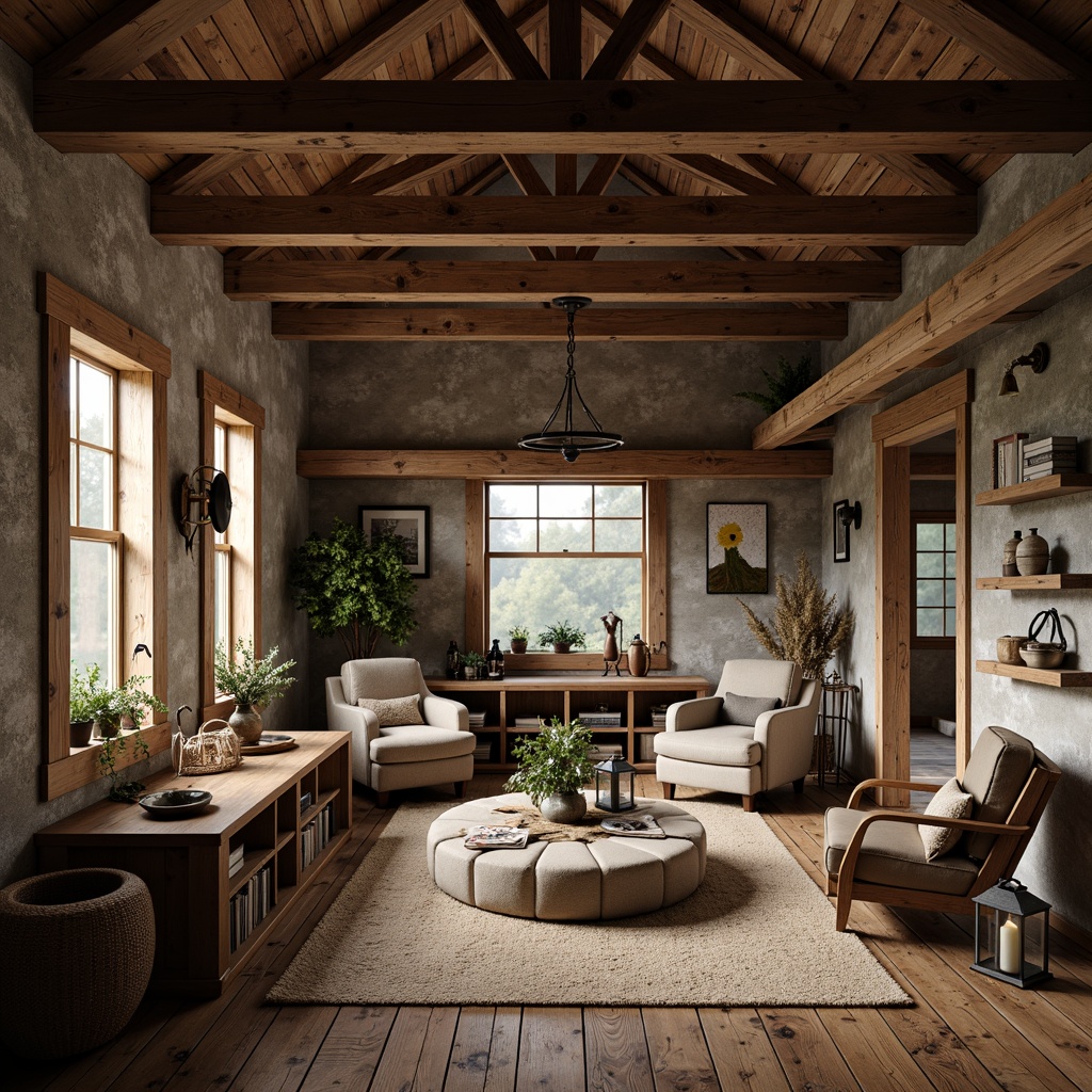 Prompt: Rustic farmhouse, exposed wooden beams, distressed wood accents, industrial metal fixtures, vintage farm tools, earthy color palette, natural stone walls, reclaimed wood flooring, cozy reading nooks, plush armchairs, rustic metal lanterns, warm soft lighting, shallow depth of field, 2/3 composition, atmospheric mist, realistic textures, ambient occlusion.