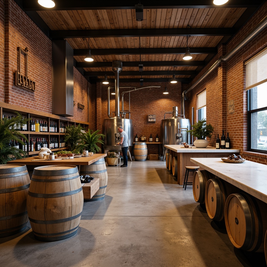 Prompt: Rustic winery interior, exposed brick walls, metal beams, reclaimed wood accents, vintage wine barrels, industrial-style lighting fixtures, concrete floors, urban-chic decor, minimalist modern furniture, earthy tone color palette, natural stone countertops, wooden fermentation tanks, stainless steel equipment, mechanical pipes, functional shelving units, warm ambient lighting, shallow depth of field, 1/1 composition, realistic textures, ambient occlusion.