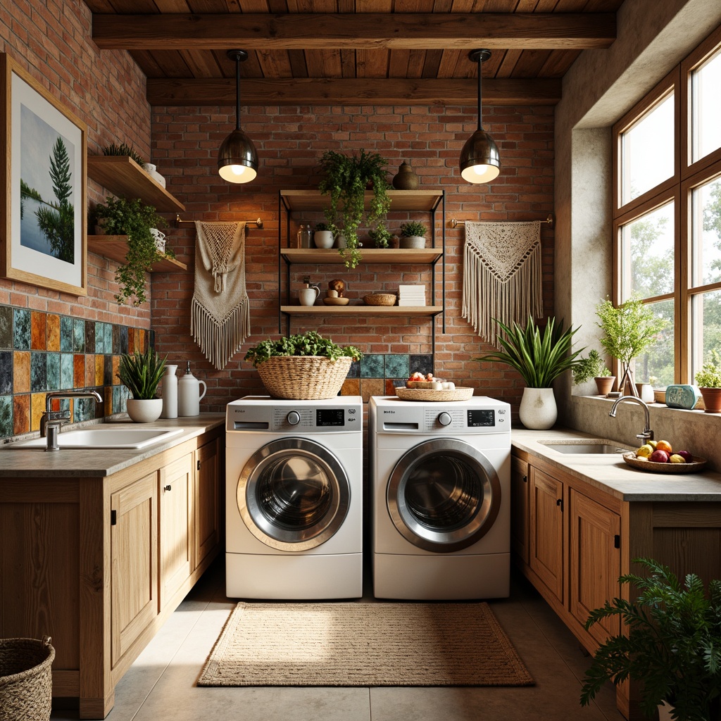 Prompt: Vibrant eclectic laundry space, distressed wooden cabinets, ornate metal fixtures, vintage-inspired washing machines, colorful tile backsplashes, industrial-style lighting fixtures, exposed brick walls, rustic wood accents, natural stone countertops, woven baskets, macrame textiles, abstract artwork, soft warm glow, warm beige tones, cozy atmosphere, shallow depth of field, 1/1 composition, realistic textures.