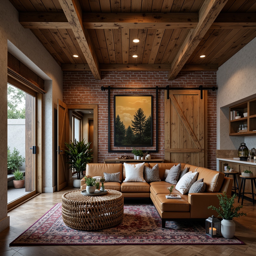 Prompt: Rustic wooden accents, reclaimed barn doors, metallic lanterns, vintage industrial lighting, exposed brick walls, natural stone countertops, earthy color palette, woven wicker furniture, distressed leather upholstery, eclectic artwork, statement rugs, plush throw pillows, warm ambient lighting, shallow depth of field, 2/3 composition, cozy intimate atmosphere.