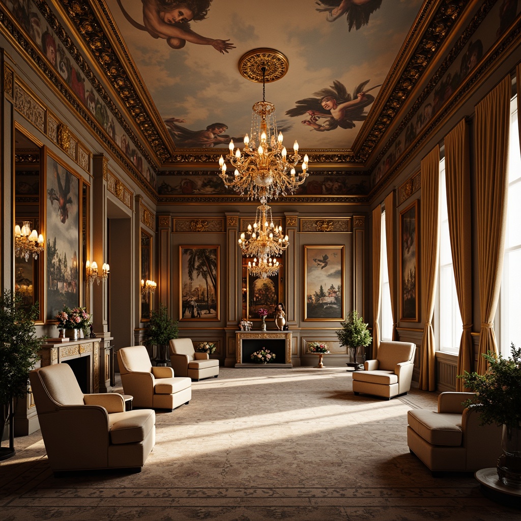 Prompt: Luxurious ballroom, ornate chandeliers, delicate frescoes, gilded moldings, intricately carved furniture, velvet drapes, ornamental mirrors, lavish floral arrangements, soft warm candlelight, shallow depth of field, 1/2 composition, intimate atmosphere, richly textured fabrics, subtle color palette, elegant curves, whimsical patterns, French-inspired motifs.