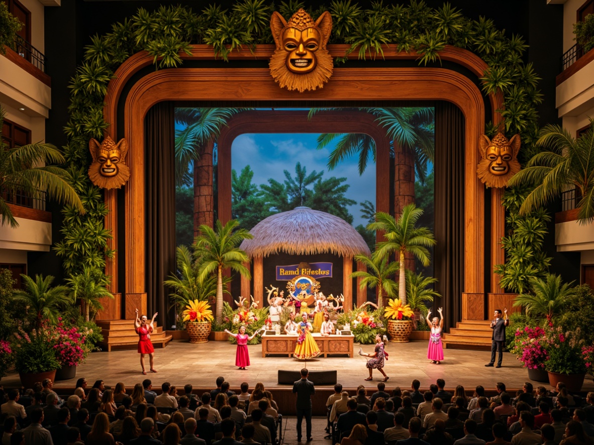 Prompt: Vibrant tropical stage, lush green foliage, exotic flowers, wooden proscenium arch, colorful tiki masks, Polynesian-inspired patterns, warm golden lighting, soft focus, shallow depth of field, 3/4 composition, realistic textures, ambient occlusion, richly textured fabrics, plush velvet curtains, ornate wooden columns, natural stone flooring, tropical fruit decorations, bright colorful costumes, lively musical instruments, dynamic choreography, energetic performers.