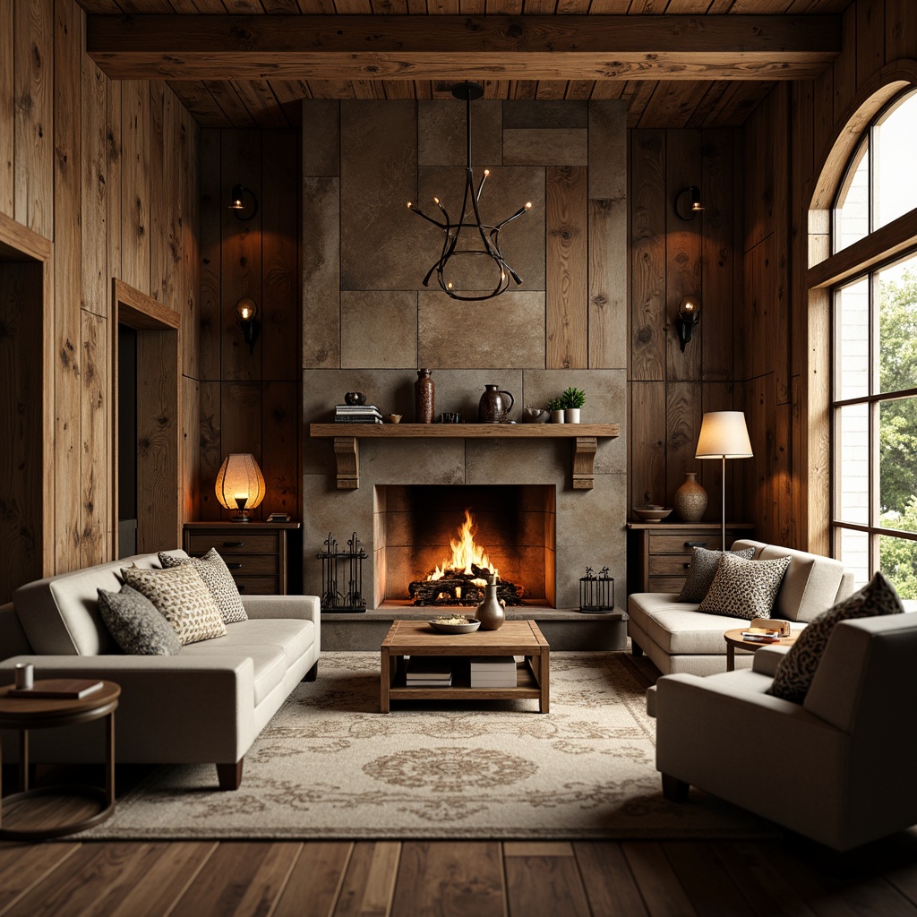 Prompt: Rustic wooden accents, distressed finishes, earthy color palette, natural stone walls, reclaimed wood floors, vintage metal fixtures, cozy fireplace, plush furnishings, warm candlelight, soft shadows, shallow depth of field, 1/2 composition, intimate atmosphere, organic textures, subtle animations.