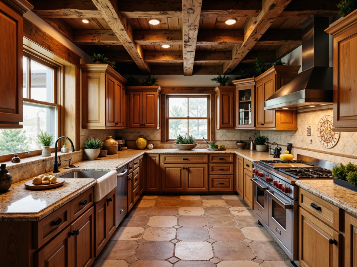 Prompt: Warm traditional kitchen, rustic wooden cabinets, creamy granite countertops, classic ceramic backsplashes, ornate metal fixtures, earthy terracotta flooring, natural stone tiles, herringbone pattern, distressed wood accents, soft warm lighting, 3/4 composition, realistic textures, ambient occlusion.