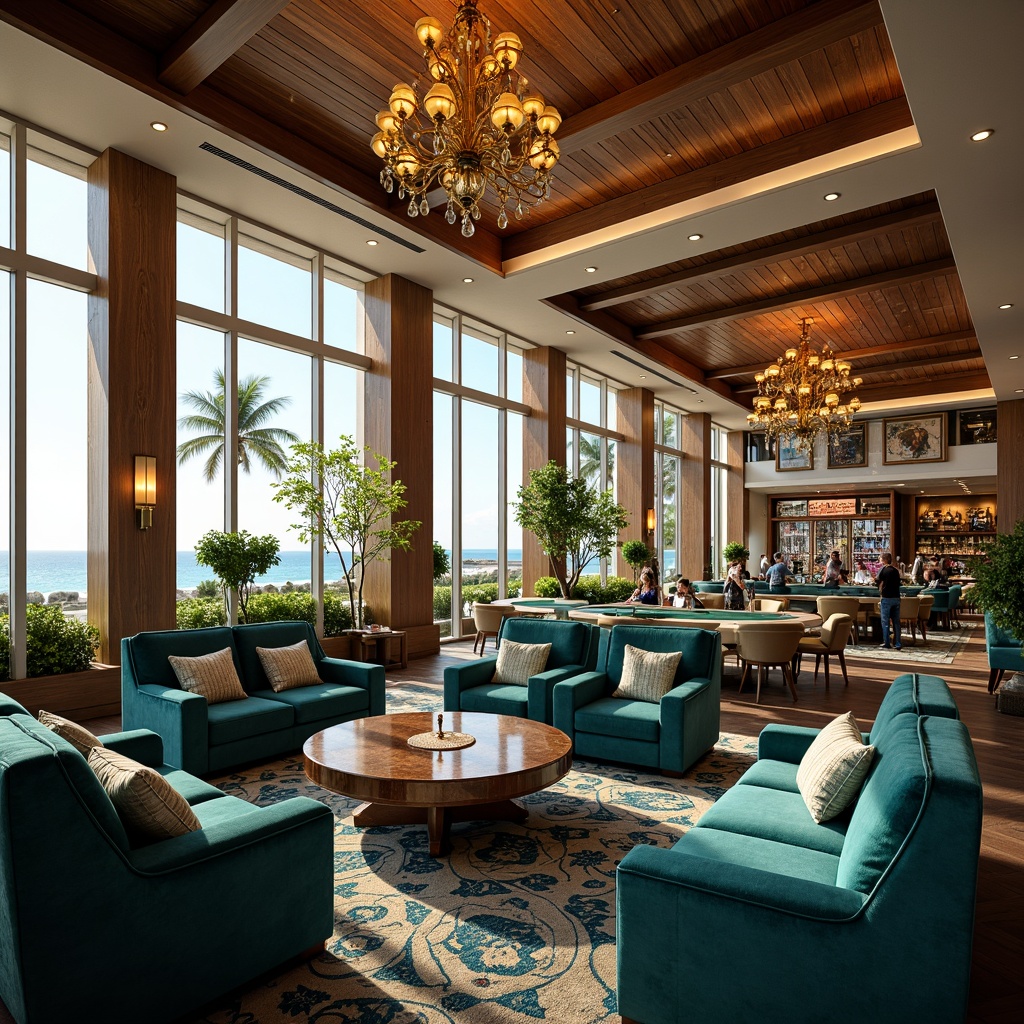 Prompt: Luxurious coastal casino interior, ocean-inspired furniture, plush velvet sofas, polished wooden accents, ornate golden lighting fixtures, rich turquoise upholstery, patterned rugs, statement chandeliers, bespoke cocktail bars, stylish slot machines, elegant poker tables, sophisticated high-stakes gaming areas, lavish VIP lounges, floor-to-ceiling windows, breathtaking ocean views, soft warm beachy ambiance, shallow depth of field, 1/2 composition, realistic textures, ambient occlusion.