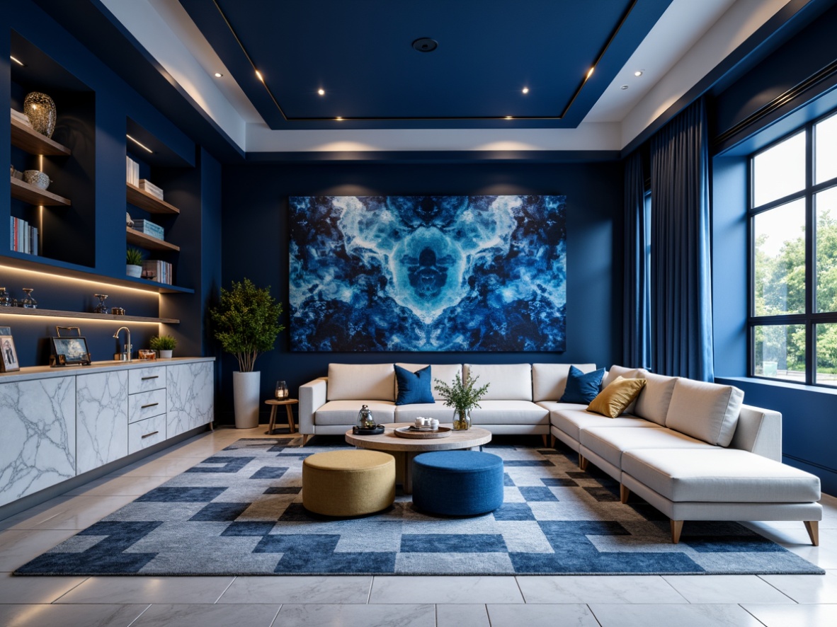 Prompt: Sapphire-inspired luxurious interior design, rich blue gemstone accents, velvety dark blue walls, creamy white marble countertops, polished chrome fixtures, geometric patterned rugs, modern minimalist furniture, sleek low-profile sofas, tufted ottomans, ambient softbox lighting, 1/1 composition, shallow depth of field, realistic textures, subtle gradient effects.