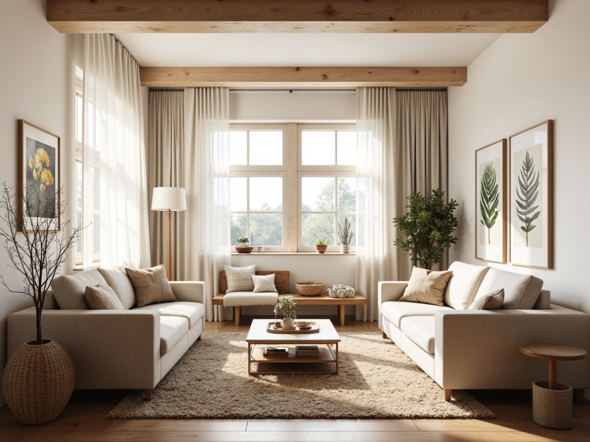 Prompt: Bright Nordic living room, minimalistic decor, natural wood accents, large windows, sheer curtains, soft diffused light, cozy reading nook, plush area rug, comfortable sofas, nature-inspired artwork, earthy color palette, warm beige tones, organic textiles, woven baskets, botanical prints, pendant lamps, airy atmosphere, shallow depth of field, 1/2 composition, realistic textures, ambient occlusion.