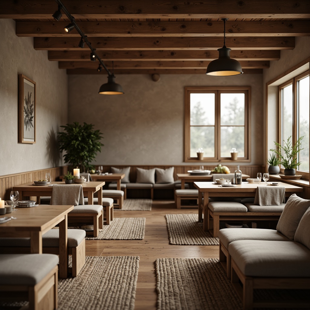 Prompt: Cozy Scandinavian dining hall, wooden tables, comfortable cushions, warm lighting, natural fabrics, woven rugs, plush throw blankets, linen napkins, earthy color palette, organic patterns, minimalist decor, Nordic-inspired furniture, reclaimed wood accents, soft candlelight, intimate atmosphere, 1/1 composition, shallow depth of field, realistic textures, ambient occlusion.