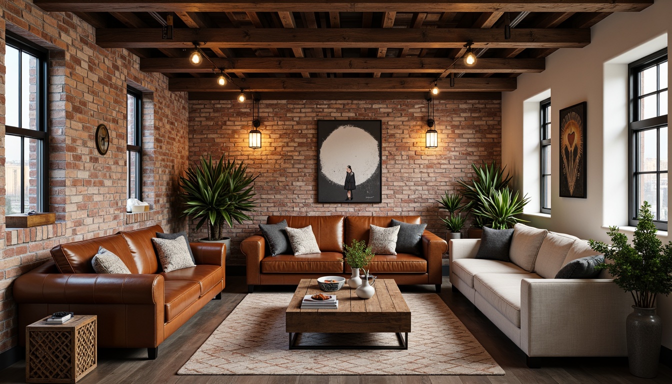 Prompt: Rustic loft interior, exposed brick walls, wooden beam ceilings, reclaimed wood furniture, distressed leather sofas, vintage industrial lighting, metal accents, natural textiles, earthy color palette, cozy atmosphere, warm ambiance, functional decor, eclectic decorative objects, abstract artwork, geometric patterns, plush area rugs, comfortable sectionals, industrial-chic coffee tables, ornate wooden side tables, modern minimalist chairs, soft warm lighting, shallow depth of field, 1/1 composition, realistic textures, ambient occlusion.