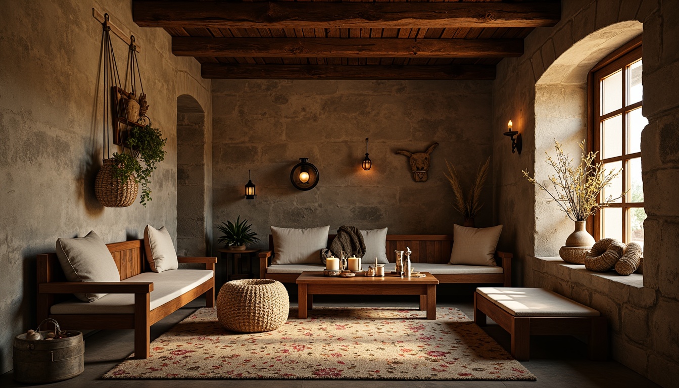 Prompt: Rustic wooden furniture, vintage metal lanterns, distressed stone walls, earthy color palette, natural fiber rugs, woven wicker baskets, antique artifacts, floral patterns, soft candlelight, warm golden lighting, shallow depth of field, 3/4 composition, realistic textures, ambient occlusion.