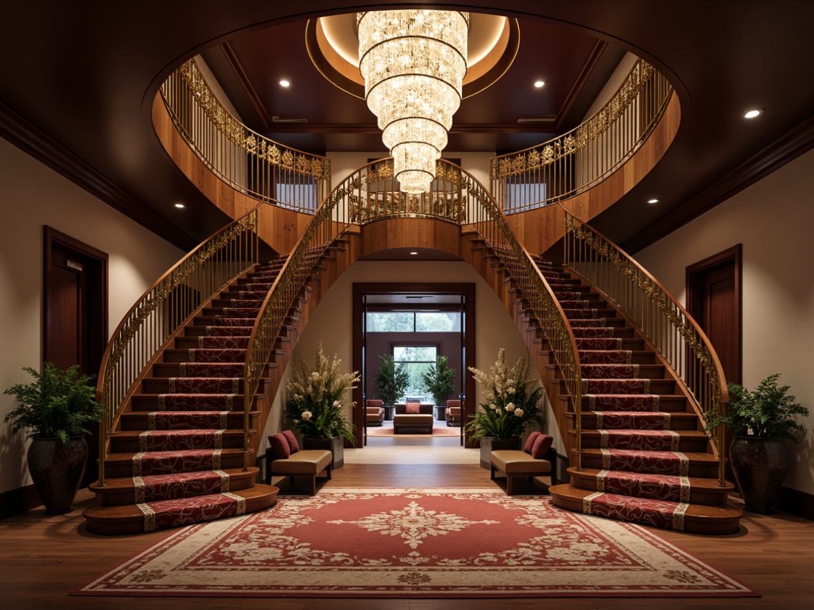 Prompt: Elegant staircase, curved railing, ornate metalwork, luxurious carpeting, statement chandelier, grand foyer, high ceiling, dramatic lighting, focal point, symmetrical composition, rich wood tones, sophisticated color palette, opulent textiles, refined architectural details, subtle shadows, warm ambient glow, 1/1 composition, realistic render.