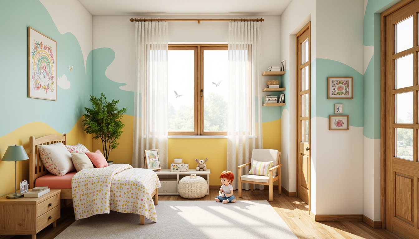 Prompt: Vibrant kid's room, soft pastel hues, creamy whites, gentle blues, warm yellows, playful oranges, soothing greens, whimsical patterns, fun polka dots, cute cartoon characters, comfortable bedding, plush toys, cozy reading nooks, natural wood furniture, modern minimalist design, ample storage spaces, bright airy atmosphere, indirect warm lighting, soft focus photography, 1/2 composition, gentle color gradations.