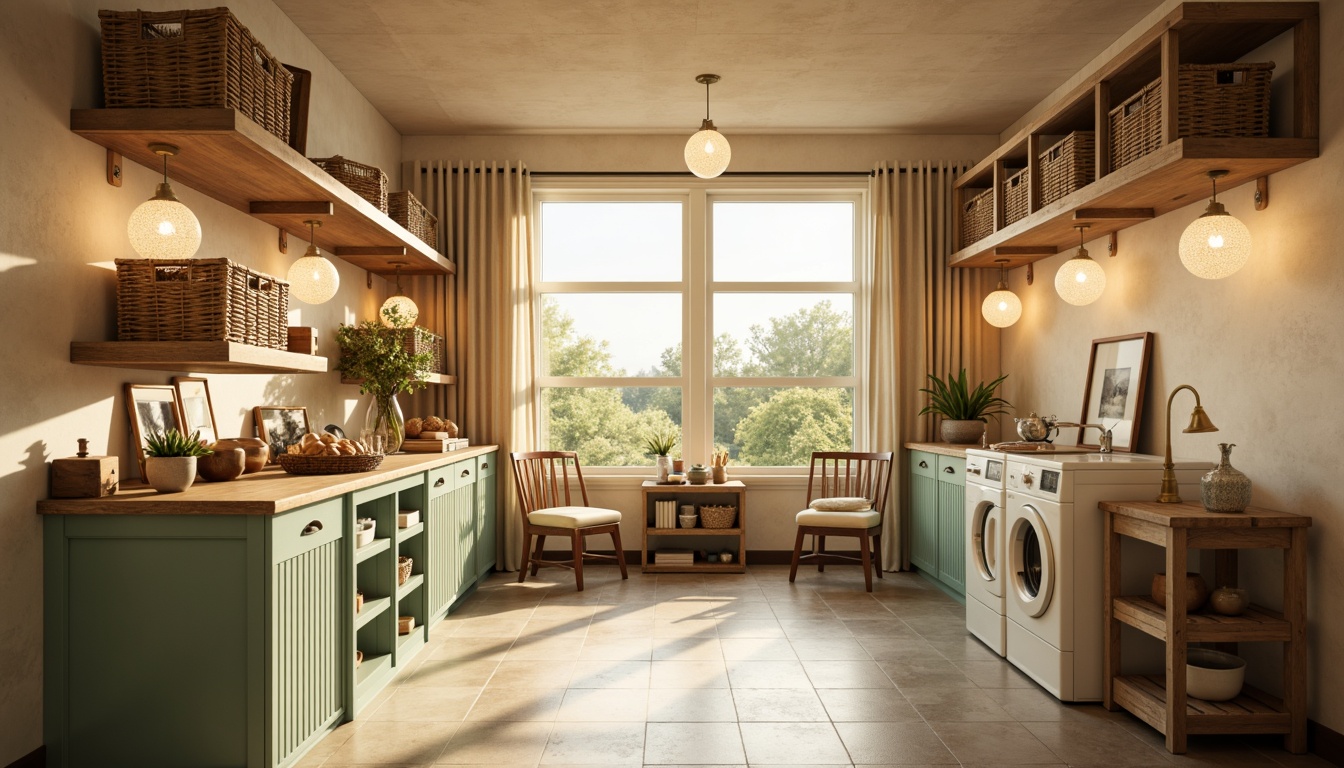 Prompt: Warm laundry room, mid-century modern style, soft pastel colors, retro-inspired lighting fixtures, spherical pendant lights, industrial metal shades, exposed bulbs, natural linen textures, woven baskets, wooden accents, minimal ornamentation, ample task lighting, softbox lights, 3/4 composition, shallow depth of field, warm golden hour lighting, relaxed atmosphere.Please let me know if this meets your expectations!