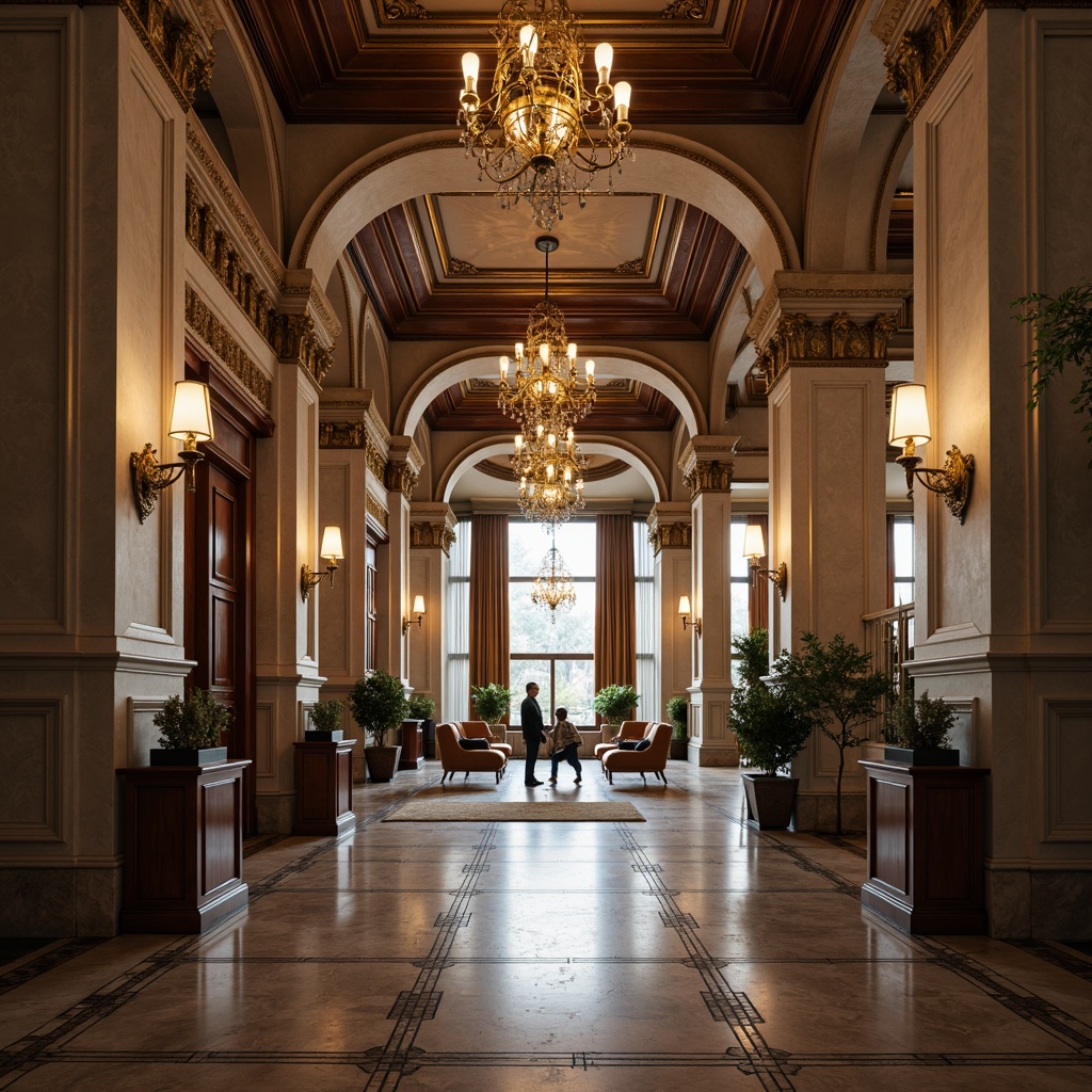 Prompt: Elegant office building, neoclassical architecture, grandiose columns, ornate capitals, intricate moldings, polished marble floors, luxurious chandeliers, rich wood paneling, sophisticated color palette, subtle ambient lighting, shallow depth of field, 1/1 composition, symmetrical framing, realistic textures, atmospheric rendering.