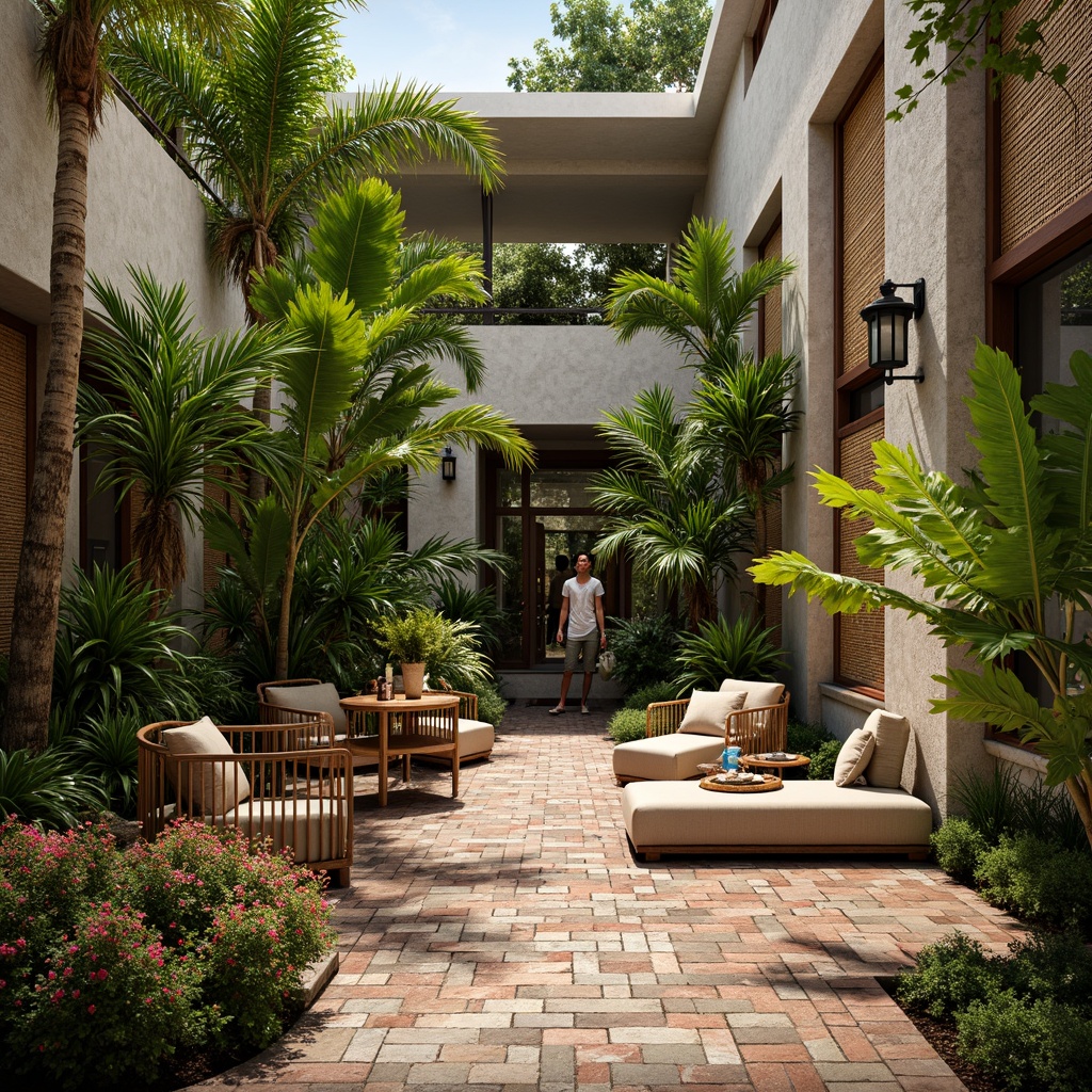 Prompt: Lush tropical foliage, exotic palm trees, vibrant floral arrangements, natural stone walls, reclaimed wood accents, woven bamboo screens, rattan furniture, colorful tile mosaics, ornate metalwork details, curved lines, organic shapes, earthy color palette, warm sunny day, soft diffused lighting, shallow depth of field, 1/1 composition, intimate atmosphere, realistic textures, ambient occlusion.