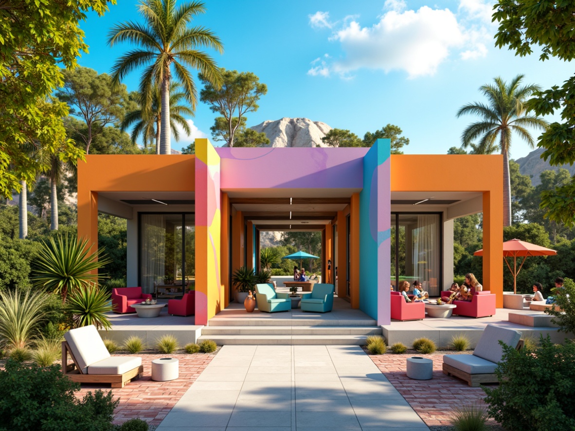 Prompt: Vibrant pavilion, bold postmodernist architecture, playful color blocking, pastel hues, neon accents, iridescent finishes, reflective surfaces, geometric patterns, abstract shapes, whimsical details, eclectic furniture, lush greenery, tropical plants, bright sunny day, warm soft lighting, shallow depth of field, 3/4 composition, panoramic view, realistic textures, ambient occlusion.