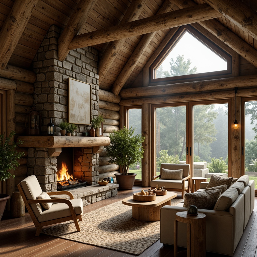 Prompt: Earthy-toned cabin, wooden accents, natural stone walls, cozy fireplace, plush furnishings, woven textiles, warm beige colors, soft candlelight, rustic metal decorations, organic shapes, earth-inspired patterns, moss-covered roof, forest surroundings, misty morning atmosphere, shallow depth of field, 1/1 composition, realistic textures, ambient occlusion.