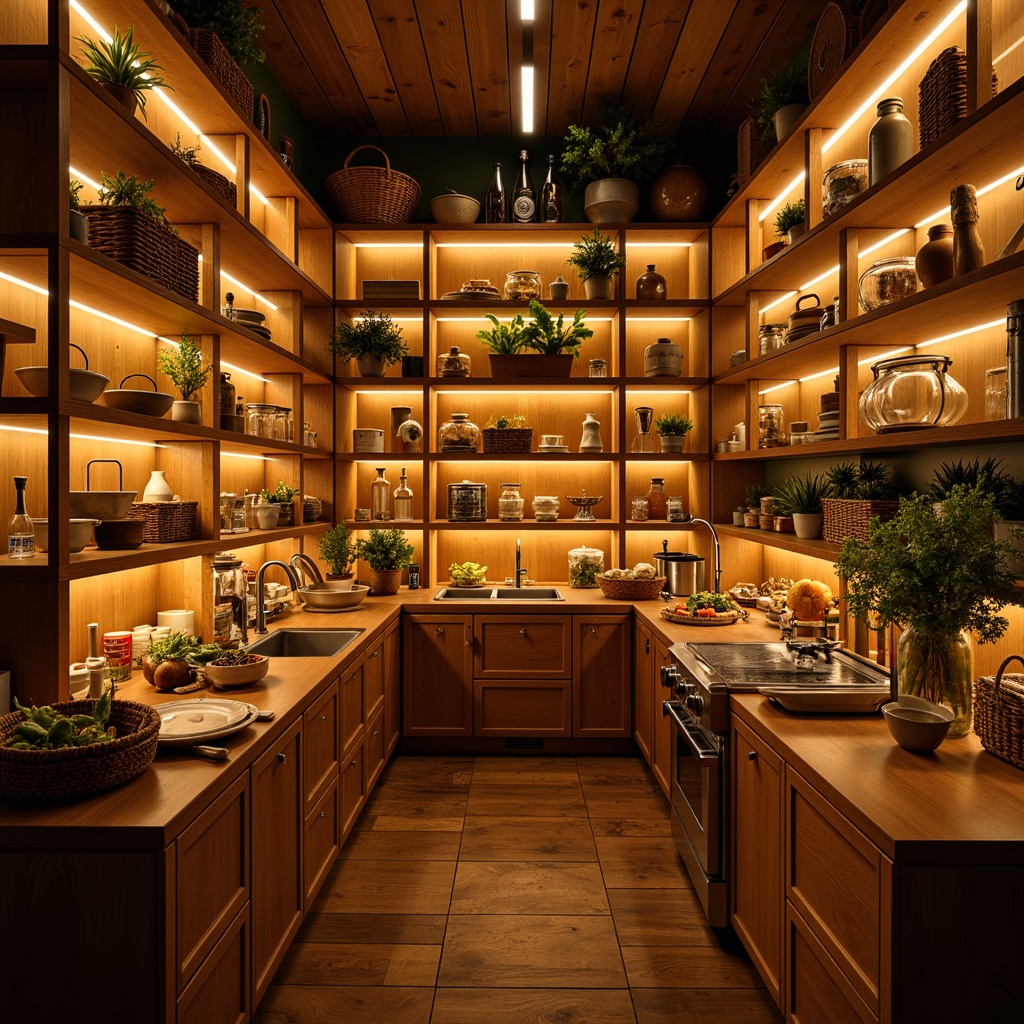 Prompt: Vibrant pantry, warm golden lighting, soft ambient glow, LED strip lights, under-cabinet illumination, glass jar displays, polished chrome fixtures, wooden shelves, woven baskets, fresh produce, artisanal ceramics, earthy tones, natural textures, cozy nooks, inviting atmosphere, warm color temperatures, high-contrast shadows, 1/2 composition, dramatic focal points, realistic reflections.