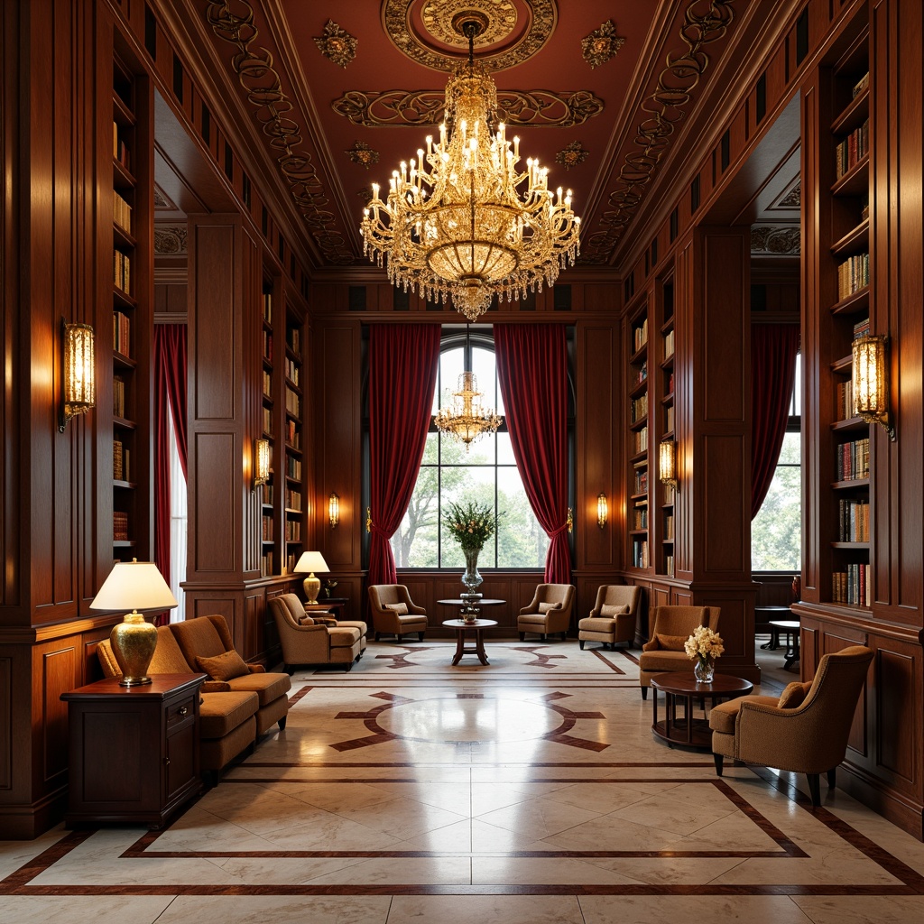 Prompt: Elegant library interior, rich wood paneling, ornate metalwork, luxurious velvet drapes, polished marble floors, stunning chandelier, sculptural Art Deco furniture, curved geometric shapes, bold color accents, statement lighting fixtures, tufted leather armchairs, wooden reading tables, decorative bookshelves, vintage-inspired desk lamps, cozy reading nooks, sophisticated atmosphere, soft warm glow, shallow depth of field, 3/4 composition, realistic textures, ambient occlusion.