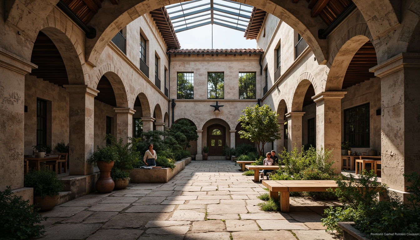 Prompt: Rustic monastery courtyard, weathered stone walls, arched cloisters, vintage industrial pipes, distressed metal accents, reclaimed wood floors, minimalist benches, lush greenery, natural light pouring through clerestory windows, dramatic high ceilings, exposed brickwork, ornate ironwork details, serene atmosphere, soft warm lighting, shallow depth of field, 3/4 composition, panoramic view, realistic textures, ambient occlusion.