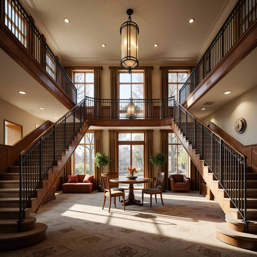 Prompt: Grand staircase, curved banister, ornate metalwork, luxurious carpeting, statement lighting fixtures, high ceiling, open floor plan, dramatic entryway, elegant wood tones, sophisticated color palette, airy atmosphere, natural light pouring in, shallow depth of field, 1/2 composition, warm soft focus, inviting textures.