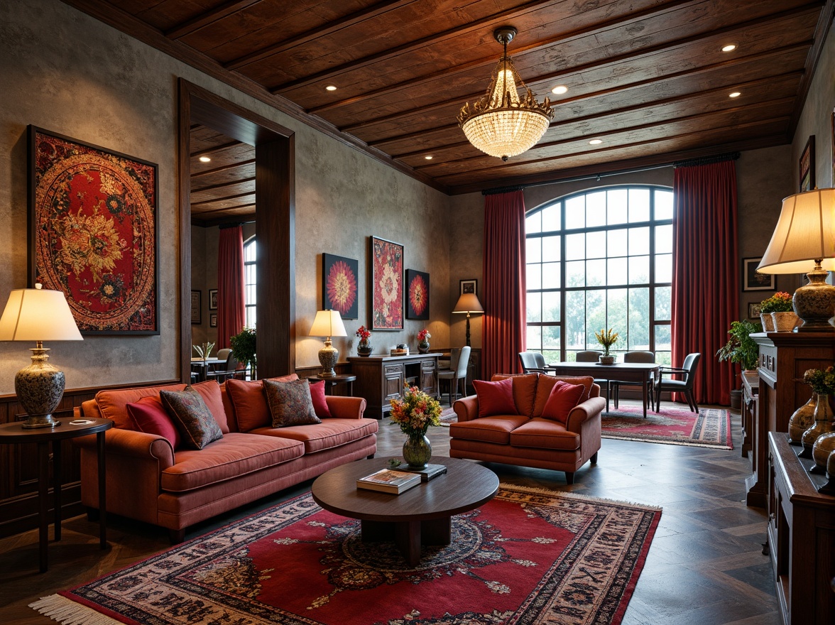 Prompt: Richly patterned rugs, velvet drapes, ornate wooden furniture, luxurious leather sofas, eclectic art pieces, modern chandeliers, sleek metal accents, vibrant colorful textiles, intricate geometric motifs, bold stripe patterns, subtle florals, natural stone walls, reclaimed wood floors, grandiose high ceilings, dramatic floor-to-ceiling windows, warm soft lighting, shallow depth of field, 3/4 composition, realistic textures, ambient occlusion.