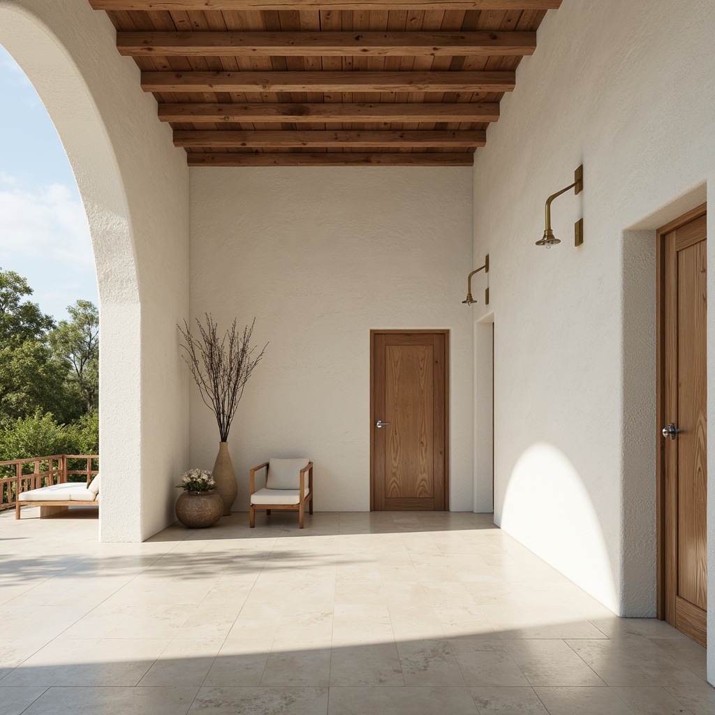 Prompt: Serene monastery, minimalist architecture, clean lines, white stone walls, wooden accents, subtle textures, earthy tones, soft sage greens, creamy whites, warm beige, rich wood browns, elegant metallic fixtures, modern minimalist decor, natural light, soft shadows, 1/1 composition, realistic renderings, ambient occlusion.