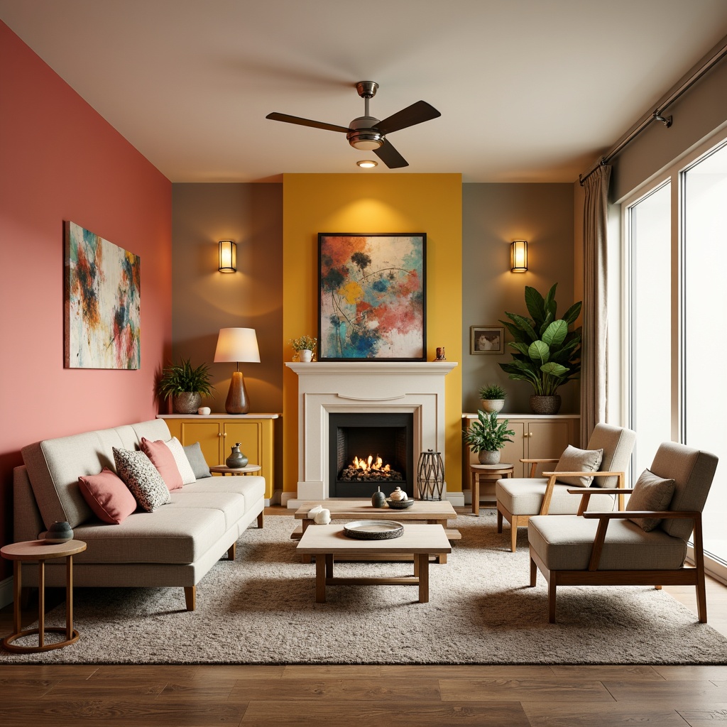 Prompt: Vibrant living room, bold accent walls, soft pastel furniture, natural wood textures, plush area rugs, calming atmosphere, warm golden lighting, 1/1 composition, shallow depth of field, realistic reflections, ambient occlusion, modern interior design, eclectic decorative accents, statement artwork, geometric patterns, earthy tone colors, creamy whites, rich browns.