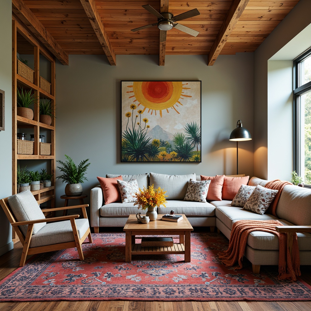 Prompt: Vibrant family room, eclectic style, mix-and-match furniture, plush sectional sofa, vintage armchairs, distressed wood coffee table, colorful Moroccan-inspired rugs, abstract artwork, industrial metal lamps, reclaimed wood shelves, woven basket storage, natural fiber upholstery, earthy tone palette, warm cozy ambiance, soft box lighting, 1/2 composition, shallow depth of field, relaxed atmosphere.