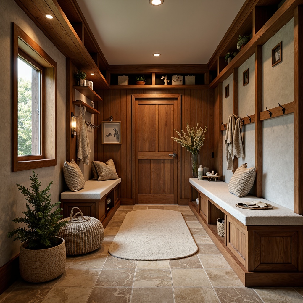 Prompt: Cozy mudroom, rustic wooden accents, warm earthy tones, water-resistant flooring, durable ceramic tiles, slip-resistant surfaces, natural stone textures, matte finish, functional design, ample storage space, built-in benches, hooks for hanging, warm lighting, shallow depth of field, 1/2 composition, realistic reflections.