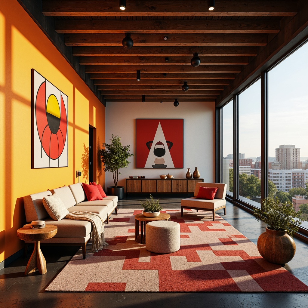 Prompt: Vibrant Bauhaus interior, bold geometric shapes, primary color accents, rich wood tones, industrial metal fixtures, minimalist decor, open floor plan, natural light pouring in, large windows, sliding glass doors, urban cityscape views, warm afternoon lighting, high contrast shadows, 1/1 composition, symmetrical balance, clean lines, monochromatic colors, abstract artwork, graphic patterns, bold typography.