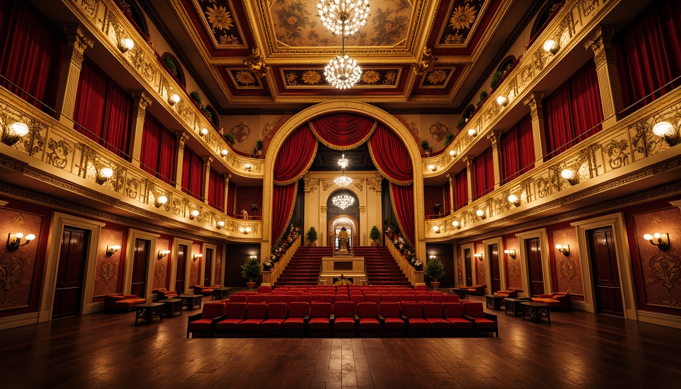 Prompt: Ornate theater interior, golden ornamental details, red velvet curtains, gilded frames, crystal chandeliers, carved wooden panels, plush seating areas, grandiose staircases, intricate moldings, Baroque-inspired architecture, warm golden lighting, soft focus, shallow depth of field, 1/1 composition, symmetrical layout, dramatic spotlights, rich textures, ambient occlusion.