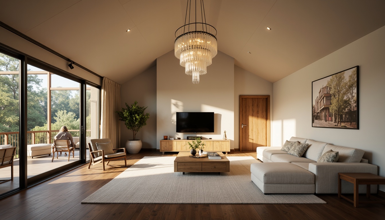 Prompt: Elegant living room, vaulted ceiling, warm beige walls, rich dark wood flooring, luxurious furnishings, statement chandelier, floor-to-ceiling windows, natural light pouring in, subtle shadows, dramatic architectural feature, sense of openness, airy atmosphere, minimalist decor, neutral color palette, soft warm lighting, 1/1 composition, realistic textures, ambient occlusion.