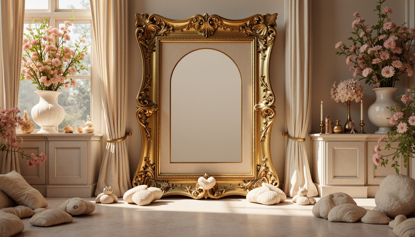 Prompt: Ornate gold frames, delicate shells, curved foliage, intricate carvings, soft pastel colors, luxurious fabrics, ornamental mirrors, gilded accents, whimsical statues, flowing drapery, romantic candlelight, warm beige tones, subtle gradient effects, 1/2 composition, atmospheric perspective, detailed textures, realistic reflections.