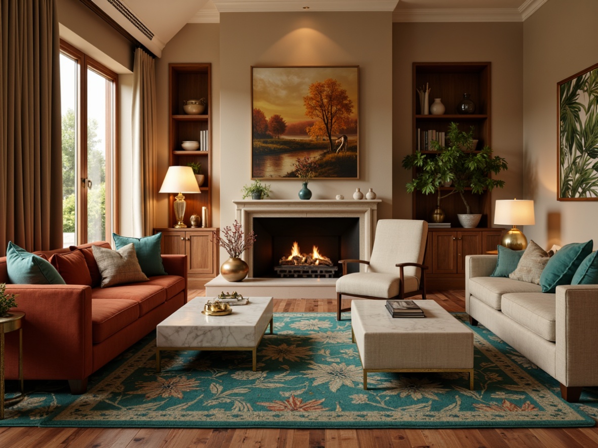 Prompt: Cozy living room, warm beige walls, rich walnut wood furniture, plush velvet sofas, golden bronze accents, soft candlelight, earthy terracotta flooring, vibrant turquoise rugs, natural woven textiles, creamy white marble coffee tables, inviting aromas, autumnal leaf patterns, warm neutral tones, comforting ambiance, shallow depth of field, 1/2 composition, intimate atmosphere, realistic textures, ambient occlusion.