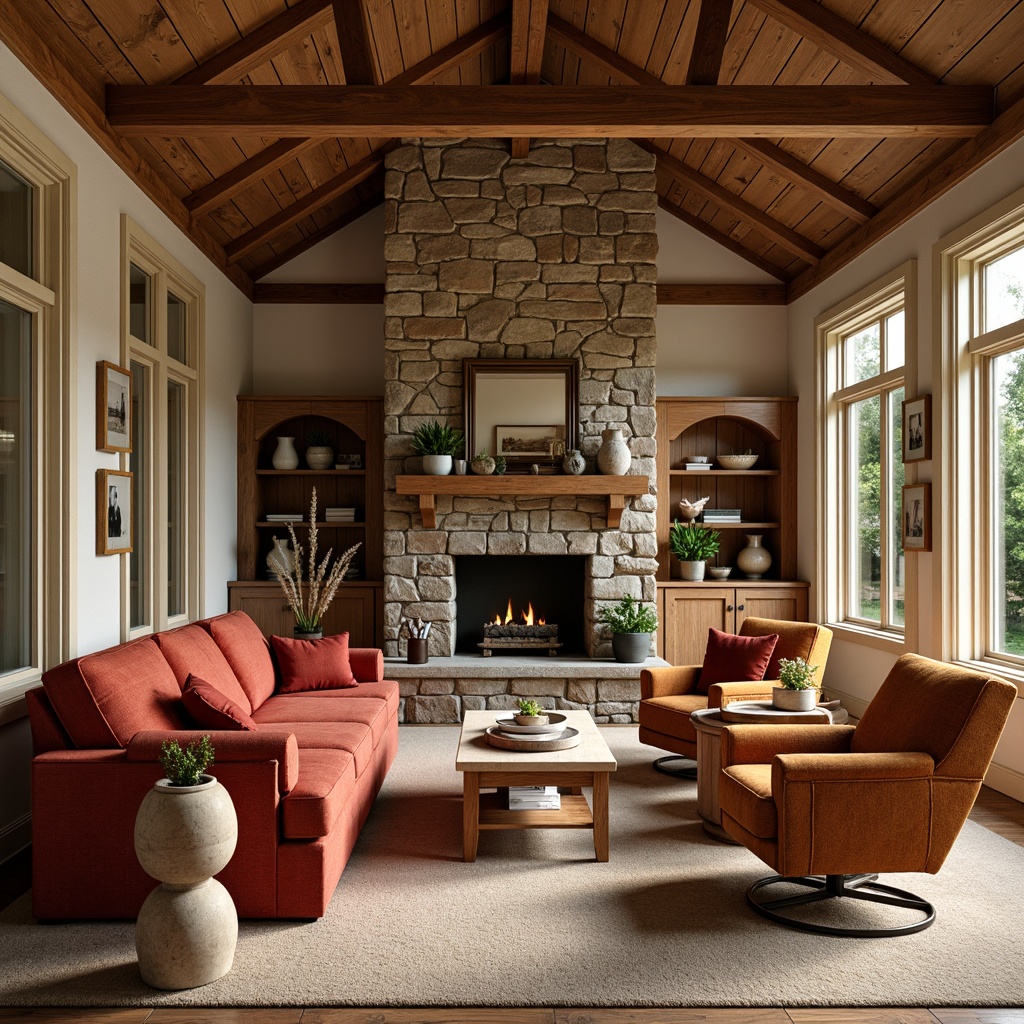 Prompt: Warm earthy tones, rich wood accents, natural stone walls, cozy fireplaces, plush furnishings, velvet upholstery, brass hardware, warm beige carpets, creamy white trim, soft warm lighting, inviting atmosphere, traditional craftsman style, rustic wooden beams, distressed finishes, nature-inspired colors, mossy greens, weathered woods, sun-kissed neutrals, earthy reds, sky blues, 3/4 composition, shallow depth of field, realistic textures, ambient occlusion.