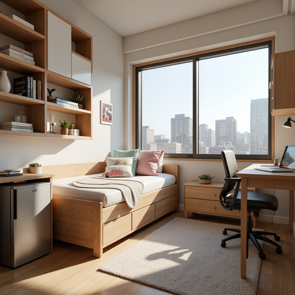 Prompt: Cozy dorm room, comfortable bedding, soft pastel colors, wooden furniture, ergonomic desk chair, adjustable study lamp, built-in shelving units, compact refrigerator, microwave oven, storage drawers, minimalist decor, calming ambiance, natural light, large windows, urban cityscape view, 1/1 composition, softbox lighting, subtle shadows, realistic textures.