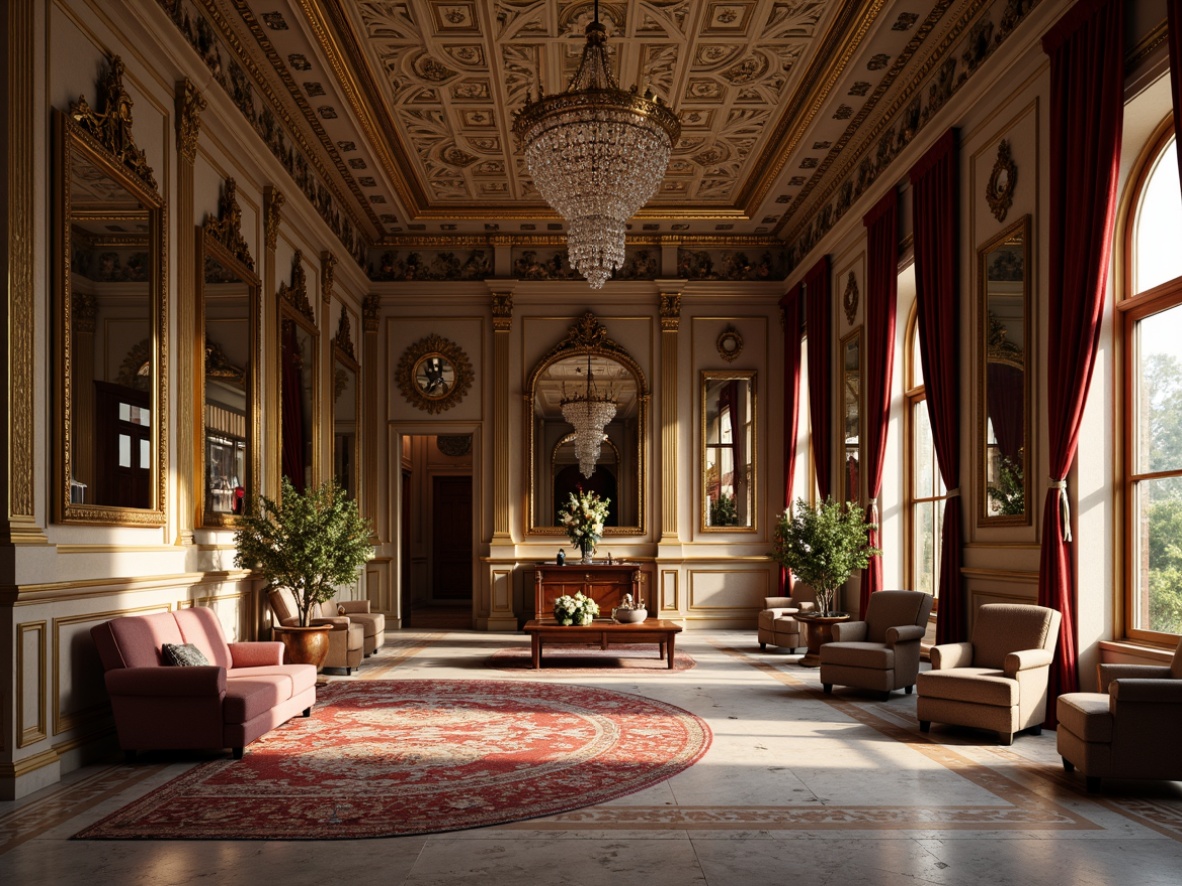 Prompt: Ornate mirrors, gilded frames, luxurious velvet drapes, intricately carved wooden panels, ornamental plaster ceilings, crystal chandeliers, lavish furnishings, richly patterned rugs, marble floors, intricate stone inlays, soft warm lighting, shallow depth of field, 1/1 composition, realistic textures, ambient occlusion.