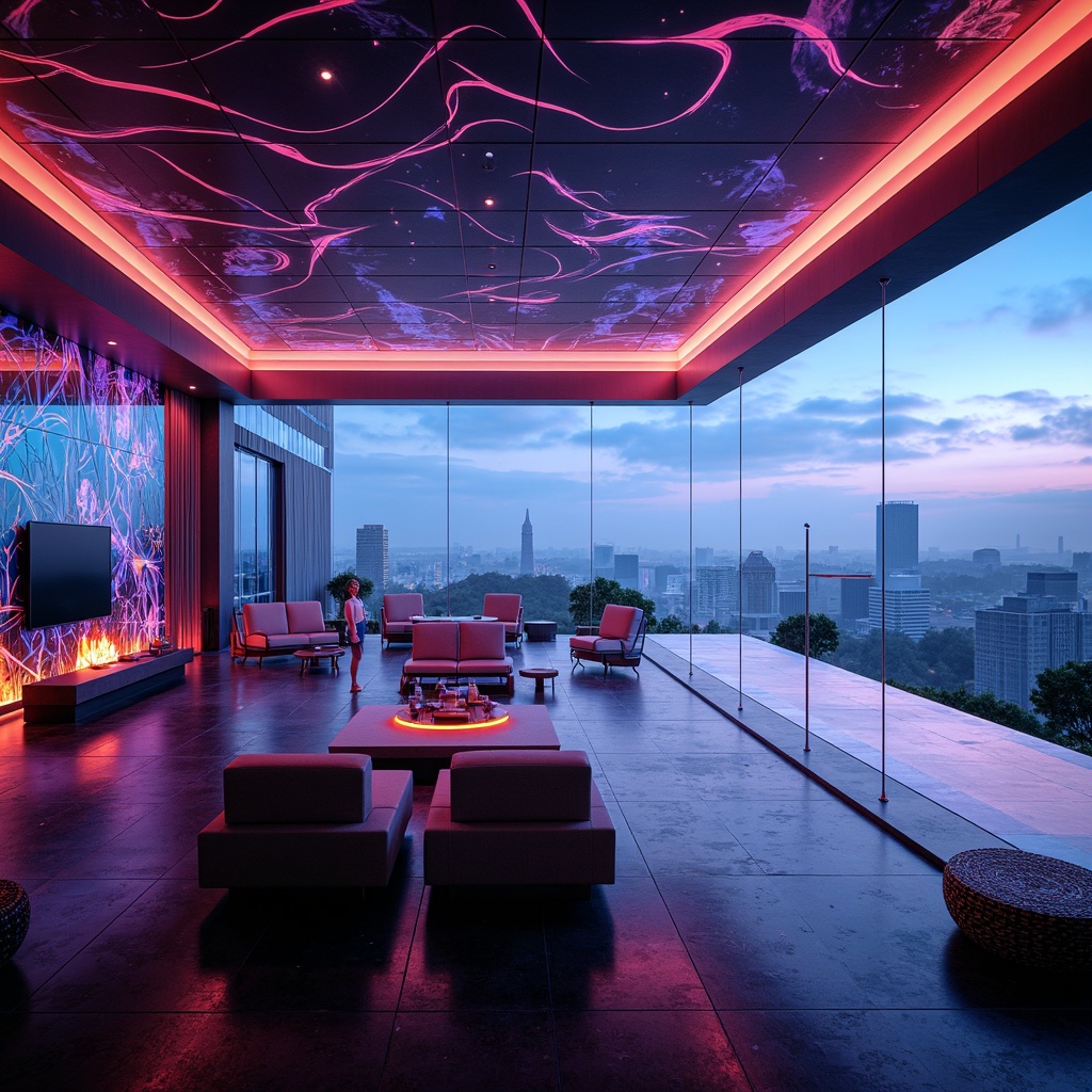 Prompt: Futuristic villa interior, neon-lit ambiance, metallic accents, glossy surfaces, holographic patterns, iridescent colors, LED lighting, minimalist decor, sleek lines, avant-garde furniture, cutting-edge technology integration, spacious open-plan living area, floor-to-ceiling windows, panoramic city views, urban skyline, misty atmospheric effects, shallow depth of field, 1/1 composition, realistic textures, ambient occlusion.