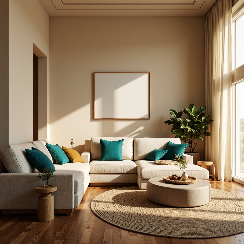 Prompt: Cozy living room, warm beige walls, rich walnut wood flooring, comfortable plush sofas, vibrant turquoise accent pillows, soft golden lighting, natural fiber rugs, elegant cream-colored curtains, subtle texture patterns, minimalist decor, calming atmosphere, 1/1 composition, intimate setting, realistic fabric textures, ambient occlusion.