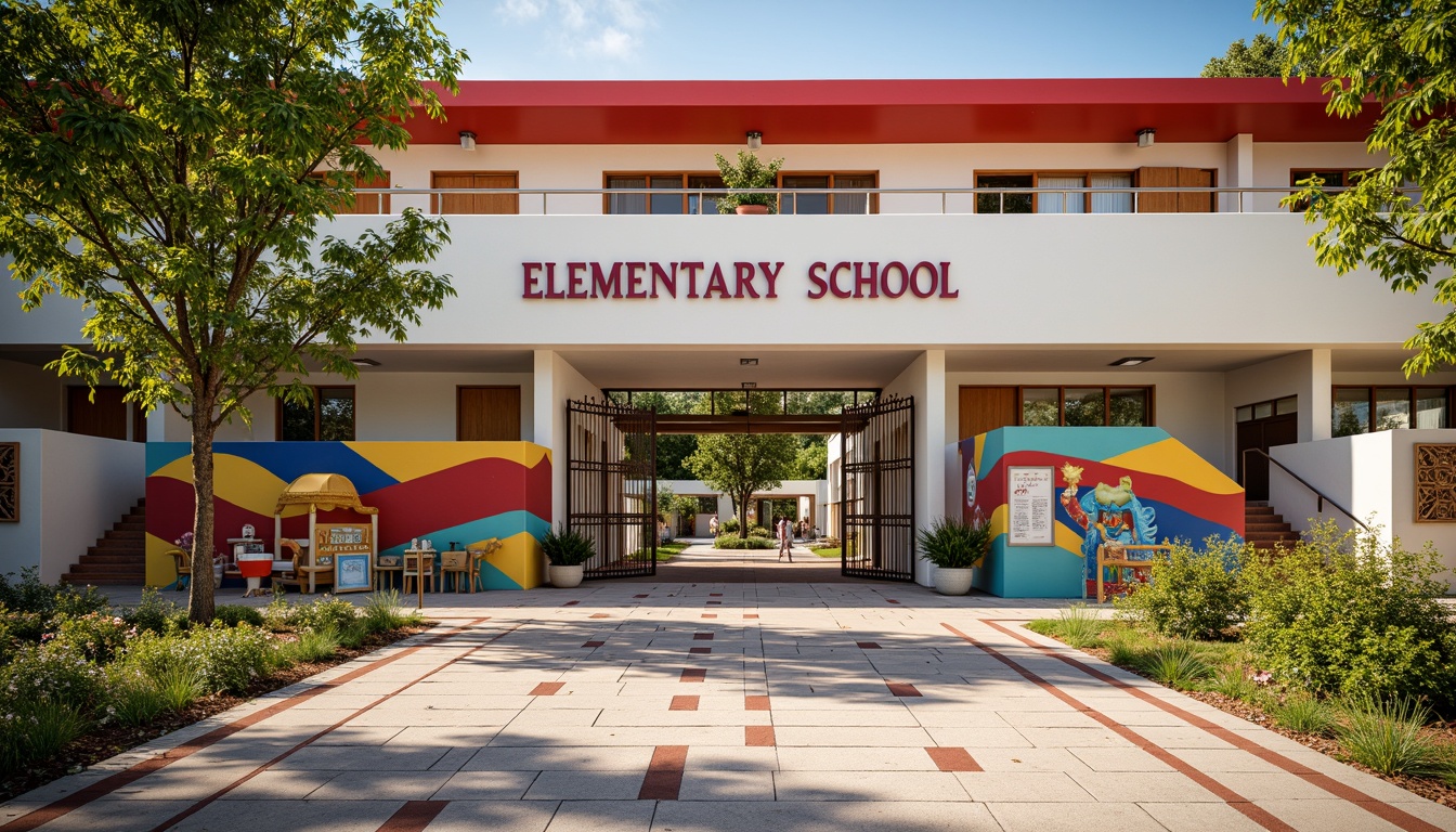 Prompt: Vibrant elementary school, Art Deco fa\u00e7ade, ornate metal gates, decorative stone carvings, geometric patterned floors, colorful ceramic tiles, stylized wooden doors, ornamental lighting fixtures, curved staircases, circular windows, bright corridors, playful murals, educational displays, interactive exhibits, natural wood accents, bold color schemes, eclectic furniture designs, lively playground equipment, shaded outdoor spaces, warm afternoon light, shallow depth of field, 1/1 composition, realistic textures.