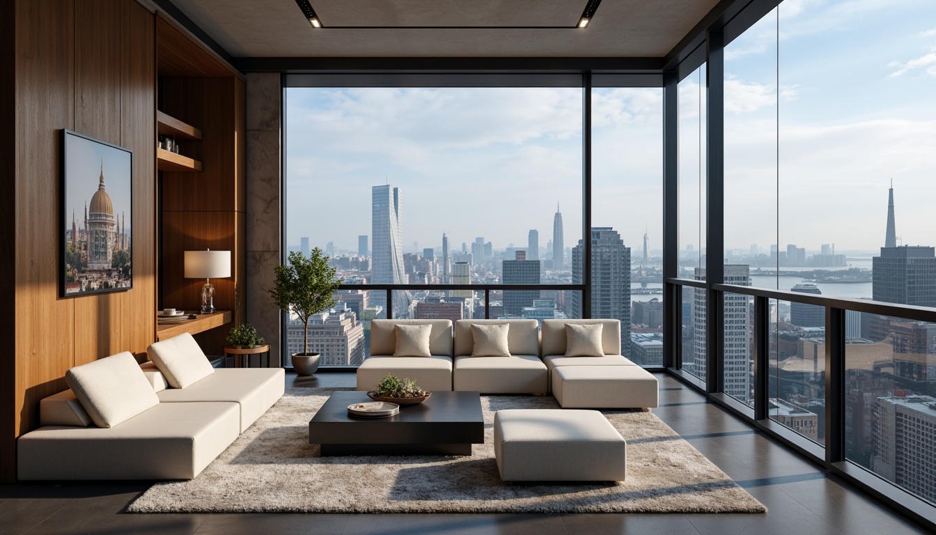 Prompt: Luxurious penthouse, sleek modern architecture, floor-to-ceiling windows, panoramic city views, neutral color scheme, creamy whites, rich woods, metallic accents, velvety blacks, soft grays, calming blues, opulent golds, sophisticated silvers, lavish textures, ambient lighting, dramatic shadows, 3/4 composition, realistic renderings, atmospheric perspective.