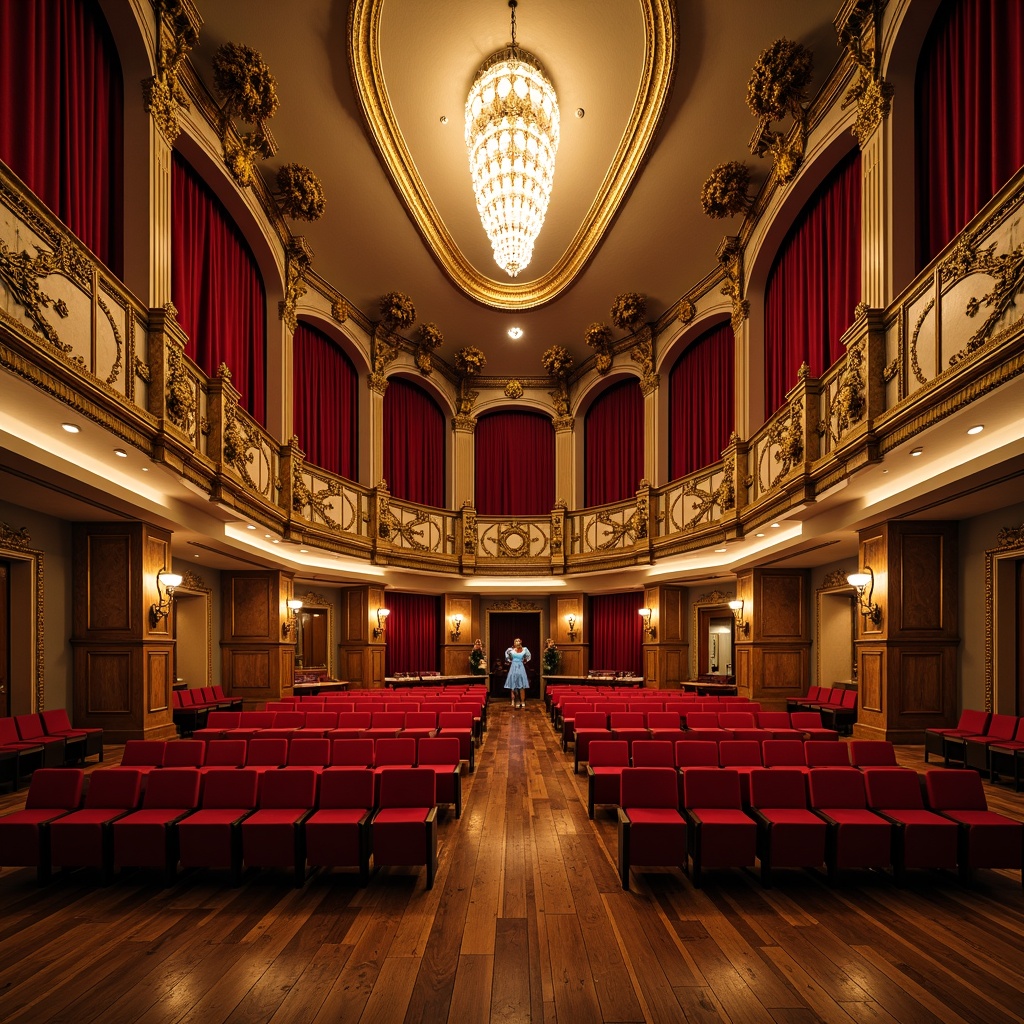 Prompt: Elegant auditorium interior, traditional ornate decorations, grand chandelier, plush red velvet seats, curved row arrangements, polished wooden floors, intricate carvings, ornamental railings, luxurious upholstery, golden accents, soft warm lighting, shallow depth of field, 3/4 composition, symmetrical layout, classic architectural details, majestic high ceiling, ornate moldings, refined textures, ambient occlusion.