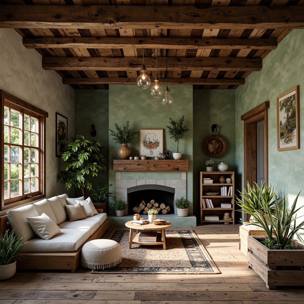 Prompt: Rustic farmhouse, natural materials, reclaimed wood, earthy tones, vintage farm tools, greenery walls, potted plants, wooden crates, woven baskets, soft cotton fabrics, hand-painted murals, distressed finishes, cozy reading nooks, warm candle lighting, shallow depth of field, 1/1 composition, intimate atmosphere, organic textures, subtle color palette.