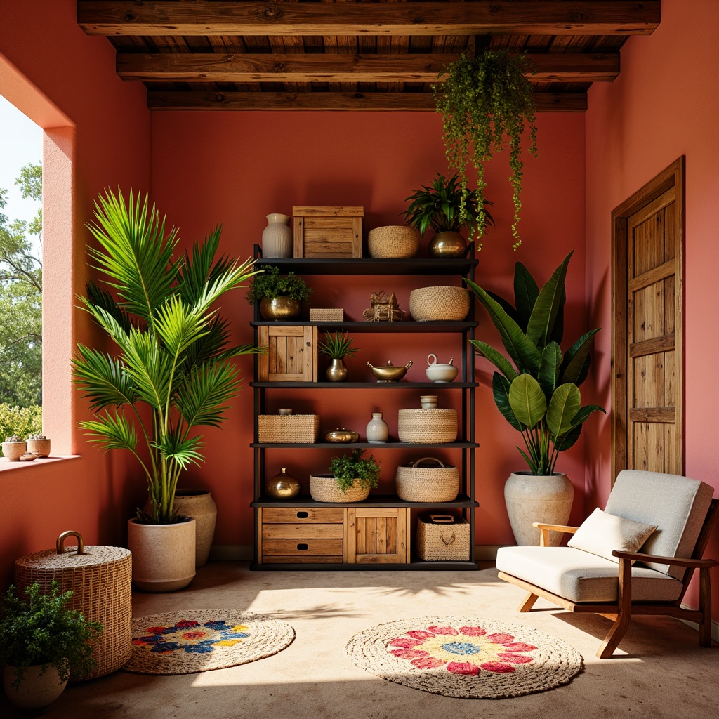 Prompt: Vibrant tropical storage room, bright coral walls, warm sandy floors, lush greenery accents, exotic wooden crates, colorful woven baskets, natural jute rugs, rustic metal shelves, distressed wood furniture, soft warm lighting, shallow depth of field, 3/4 composition, earthy tones, jungle-inspired patterns, palm frond motifs, floral textiles, sunny day ambiance.