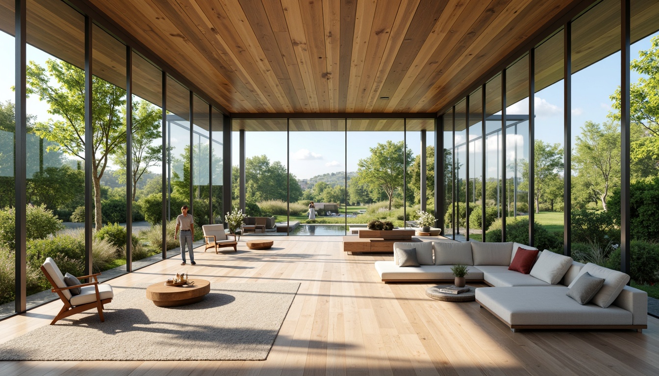 Prompt: Vibrant open spaces, floor-to-ceiling windows, transparent glass walls, minimalist decor, reflective surfaces, polished wooden floors, bright airy atmosphere, natural stone textures, lush greenery, sprawling gardens, sunny days, soft warm lighting, shallow depth of field, 1/1 composition, panoramic view, realistic renderings, ambient occlusion.