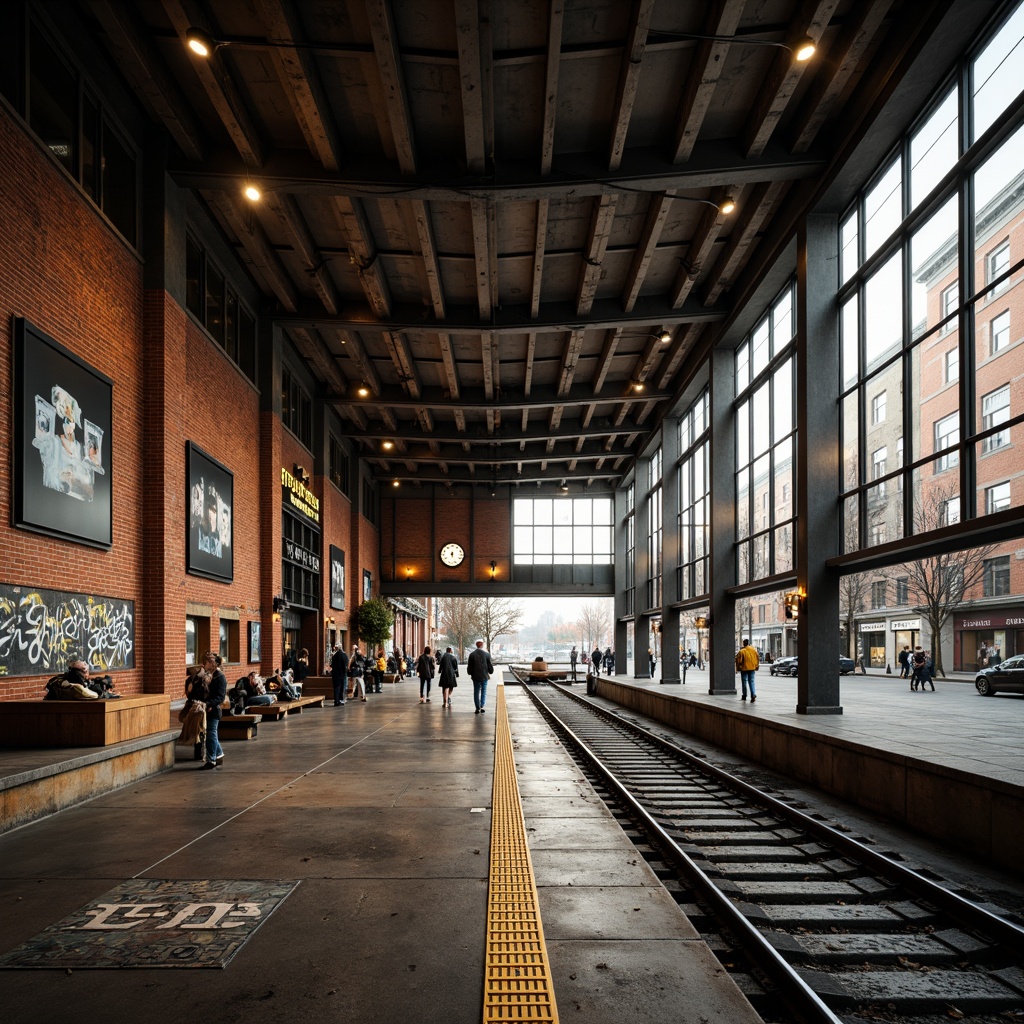 Prompt: Urban metro station, industrial chic decor, exposed brick walls, metal beams, reclaimed wood accents, vintage factory lights, distressed concrete floors, urban graffiti art, modern train tracks, sleek steel pillars, functional clock towers, bustling city atmosphere, morning rush hour, warm soft lighting, shallow depth of field, 2/3 composition, realistic textures, ambient occlusion.